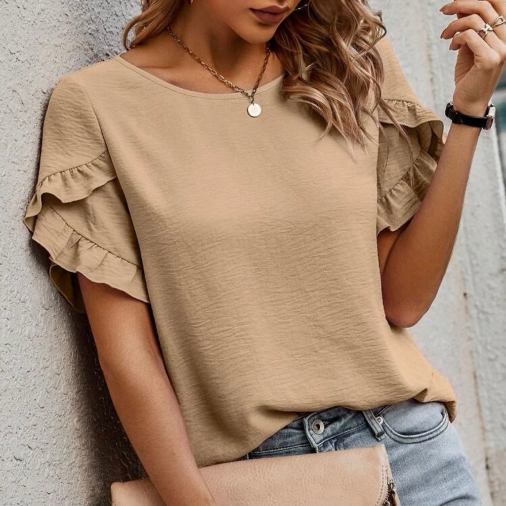 New! Shein Solid Ruffle Trim Blouse